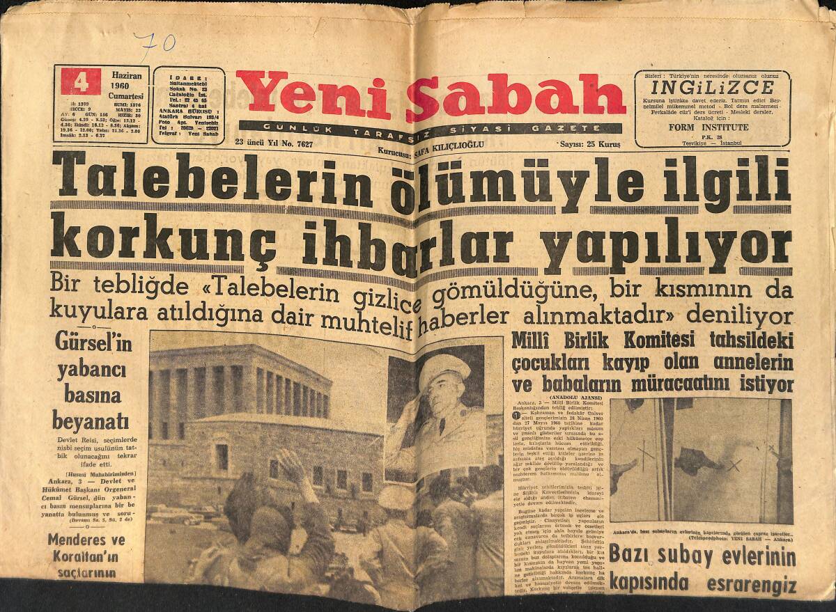 Yeni Sabah Gazetesi 4 Haziran 1960 - Orgnl. Özdilek'i Vurup Suçu Talebelere Atmak İstiyorlardı - Gürsel'in Yabancı Basına Beyanatı GZ153989 - 1