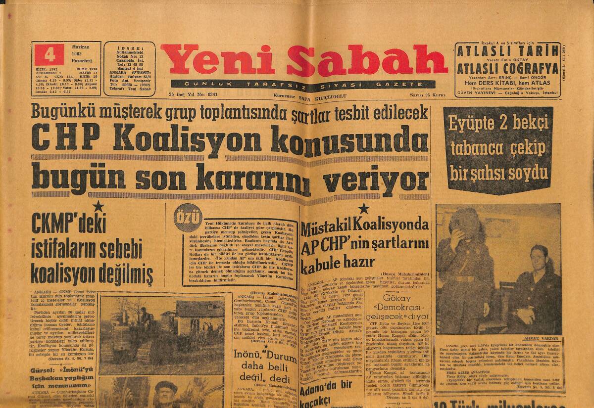 Yeni Sabah Gazetesi 4 Haziran 1962 - Jayne Mansfield'in Dedikoduya Düşkünlüğünün Sebebi Ne - Paris'te Uçak Kazası 131 Ölü GZ148482 - 1