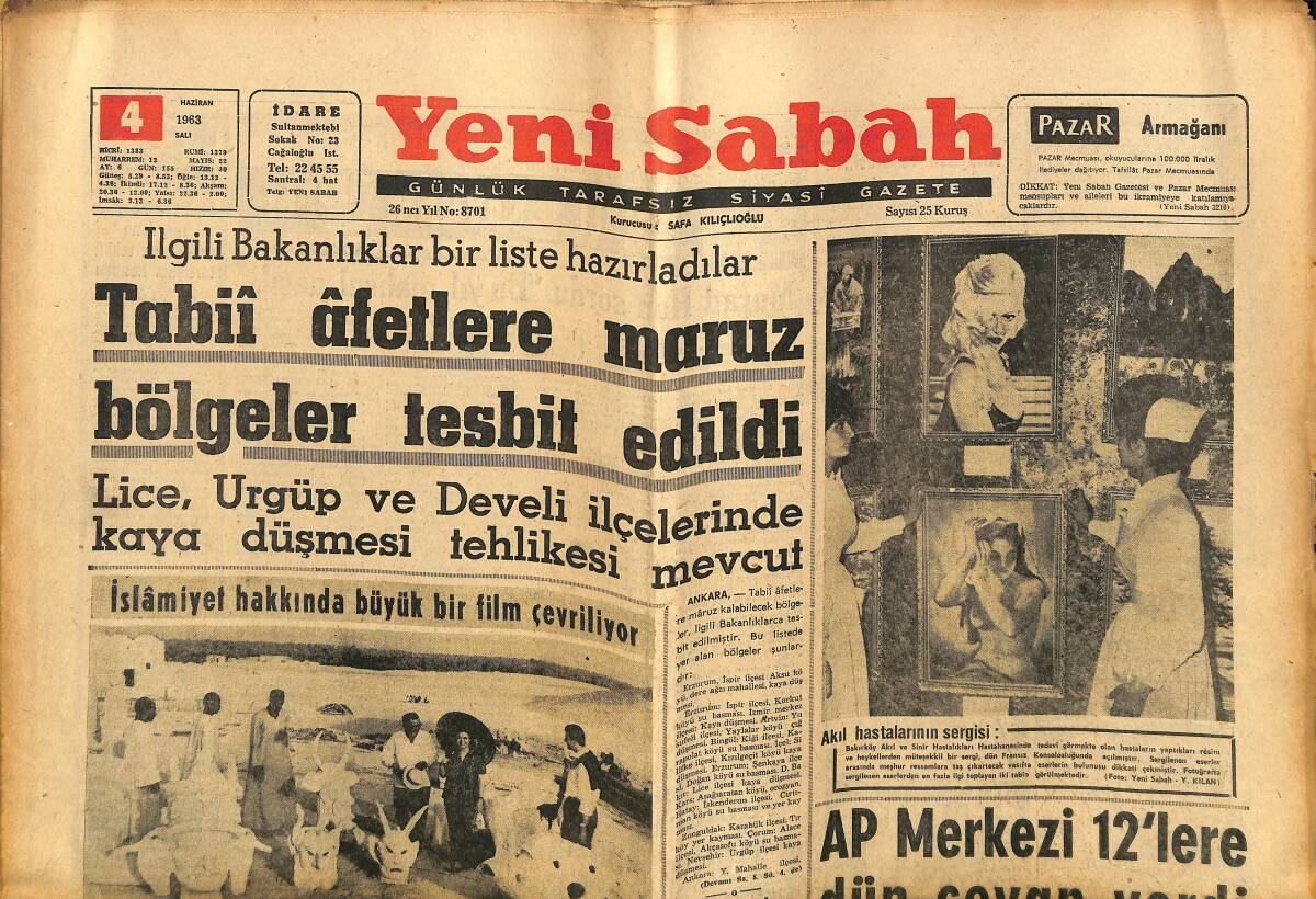 Yeni Sabah Gazetesi 4 Haziran 1963 - Hz. Muhammed'in Hicreti Mısır'da Filme Alınıyor - Papa Öldü GZ148511 - 1