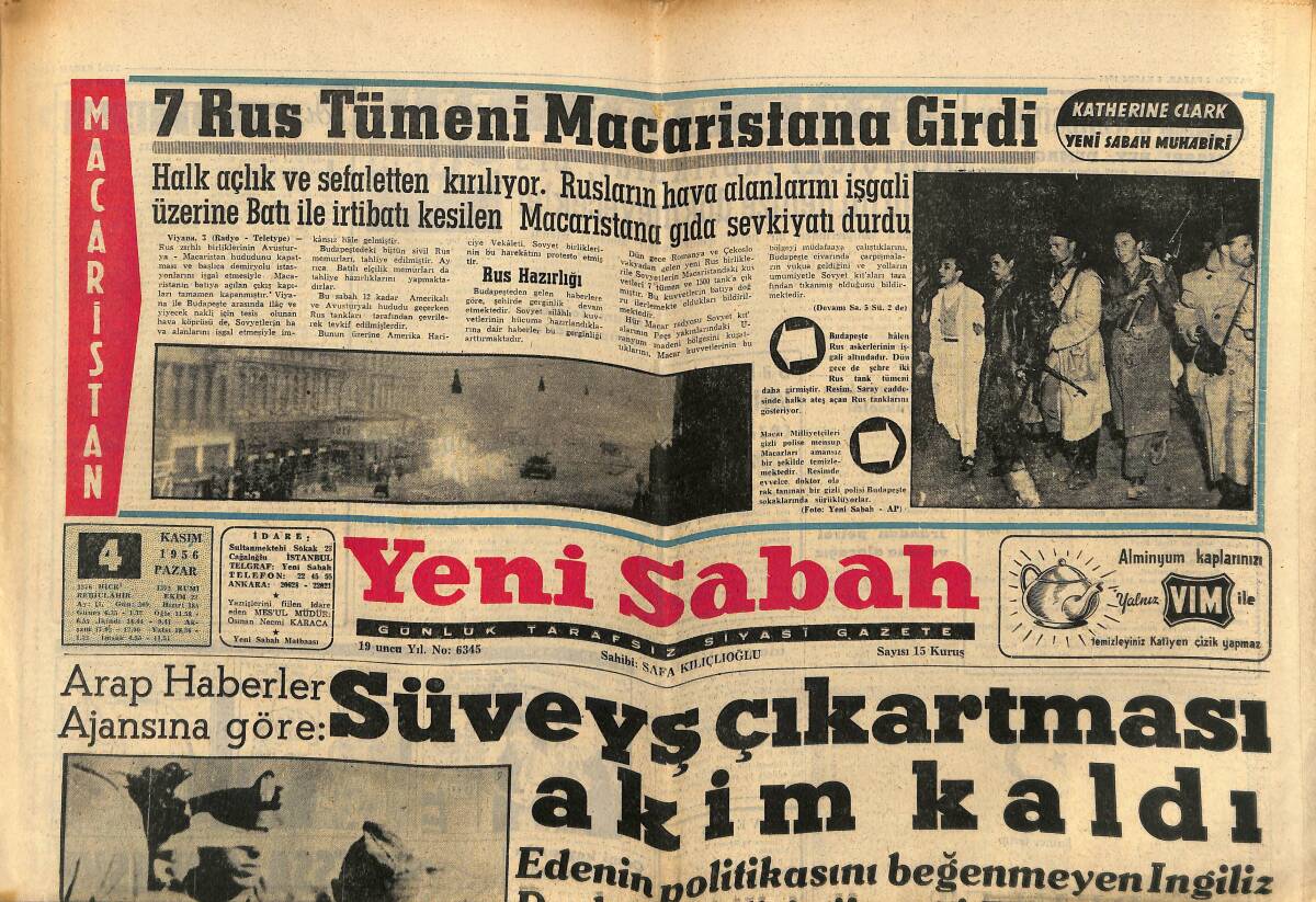 Yeni Sabah Gazetesi 4 Kasım 1956 - Süveyş Çıkartması Akim Kaldı - İsrail Port Saide Yürüyor GZ148341 - 1