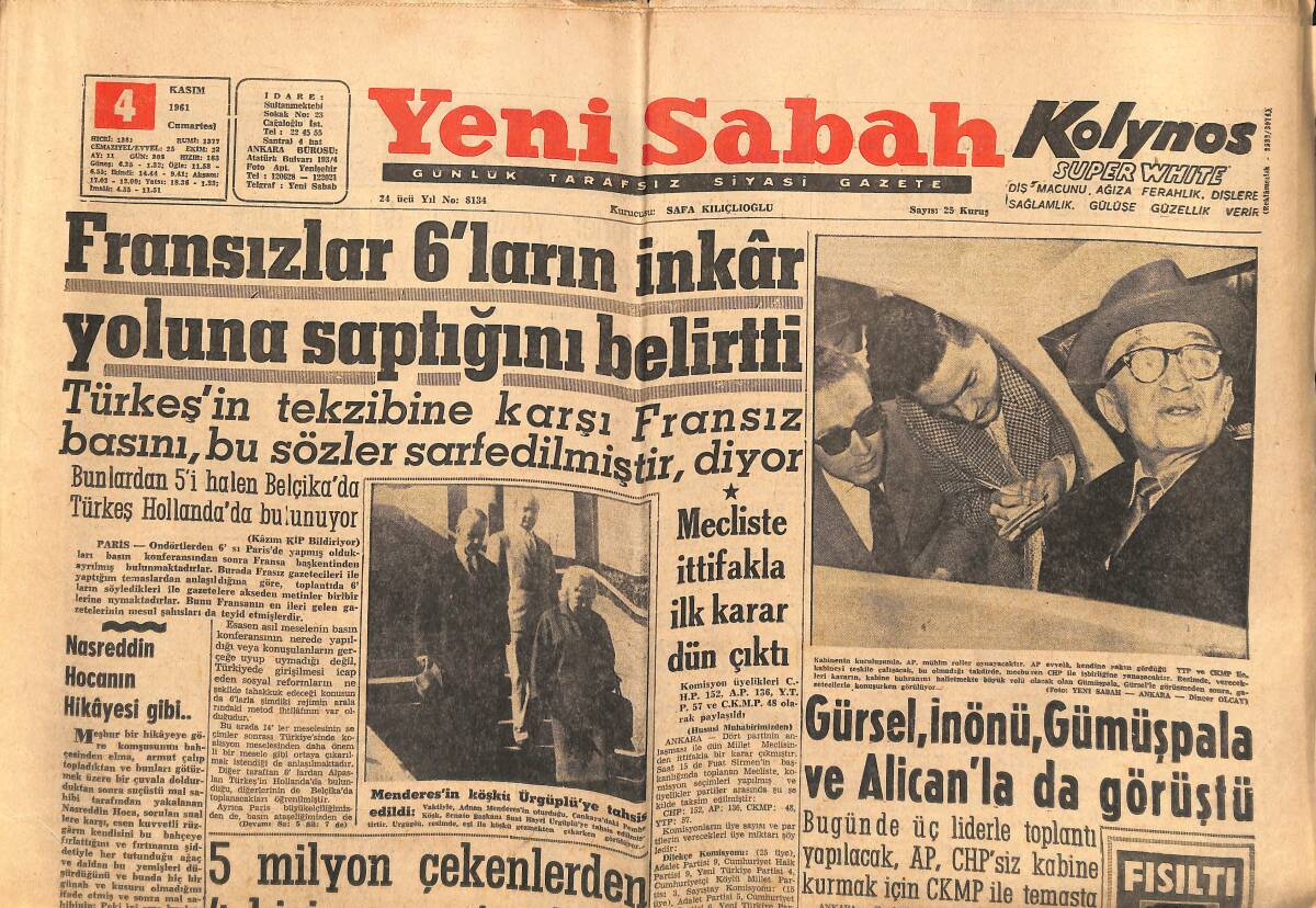 Yeni Sabah Gazetesi 4 Kasım 1961 - Prenses Margaret Dün Anne Oldu - Vali Tulga Hastalandı GZ148392 - 1