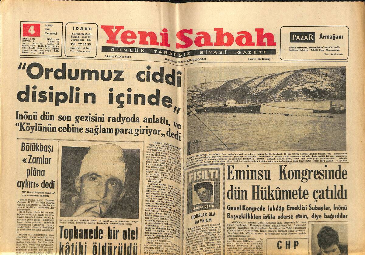 Yeni Sabah Gazetesi 4 Mart 1963 - Eminsu Kongresinde Dün Hükümete Çatıldı - Peru'da Toprak Kaymasından 300 Kişi Öldü GZ148325 - 1