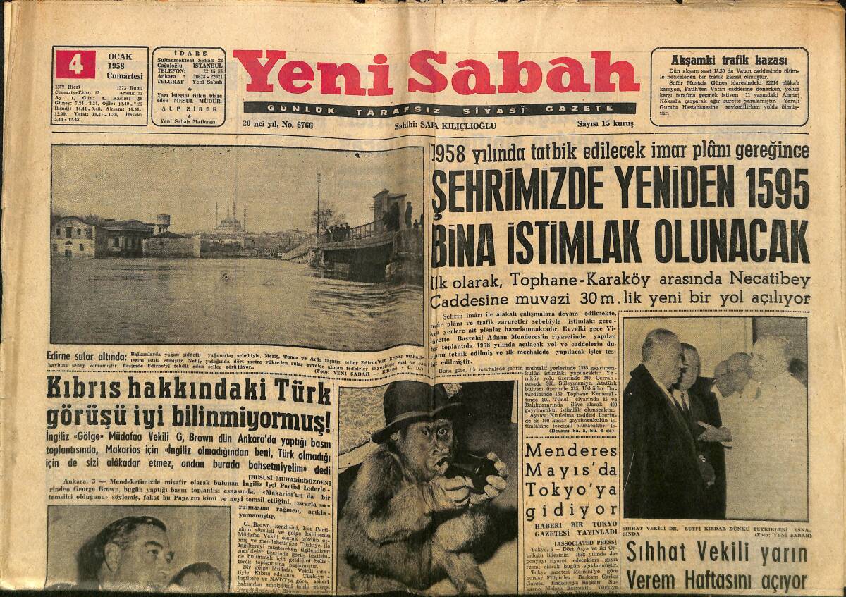 Yeni Sabah Gazetesi 4 Ocak 1958 - Kıbrıs Hakkındaki Türk Görüşü İyi Bilinmiyormuş ! - Menderes Mayıs'da Tokyo'ya Gidiyor GZ148338 - 1