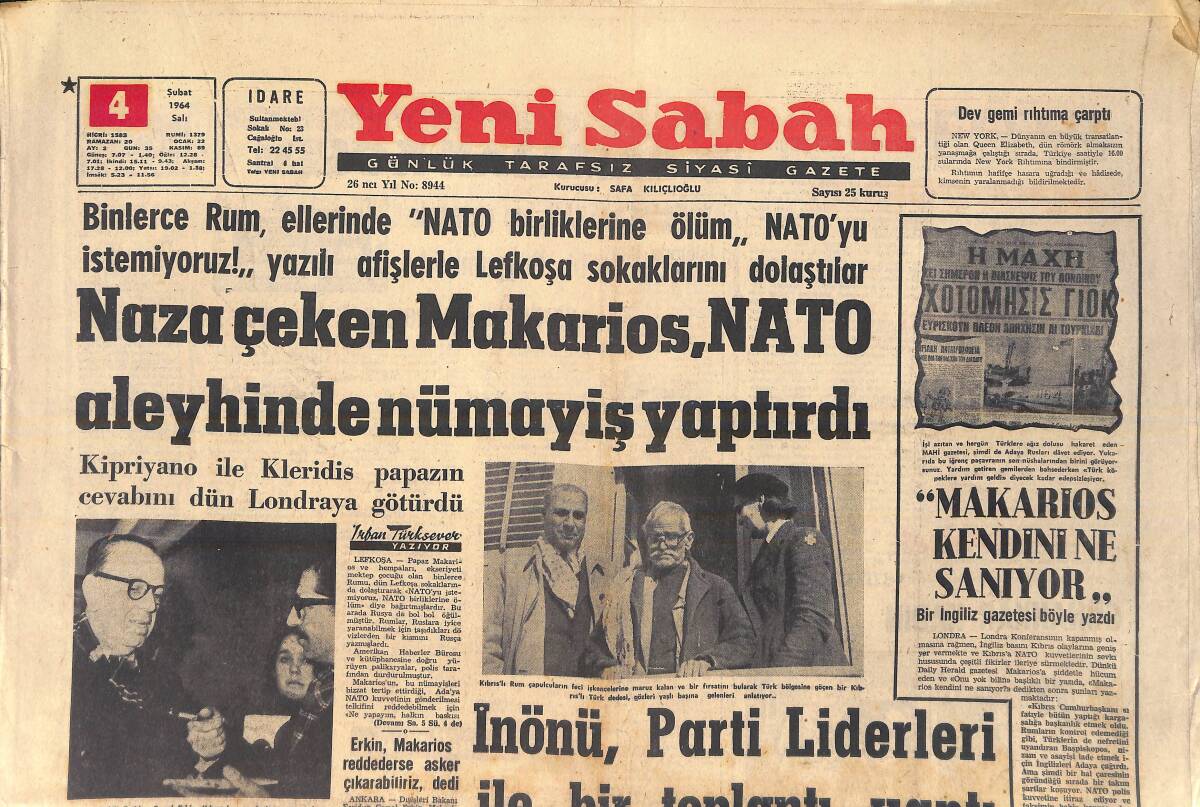 Yeni Sabah Gazetesi 4 Şubat 1964 - İnönü Parti Liderleri İle Bir Toplantı Yaptı - Skandal Kraliçesi Mandy: Erkekleri Hiç Kırmadım GZ156889 - 1