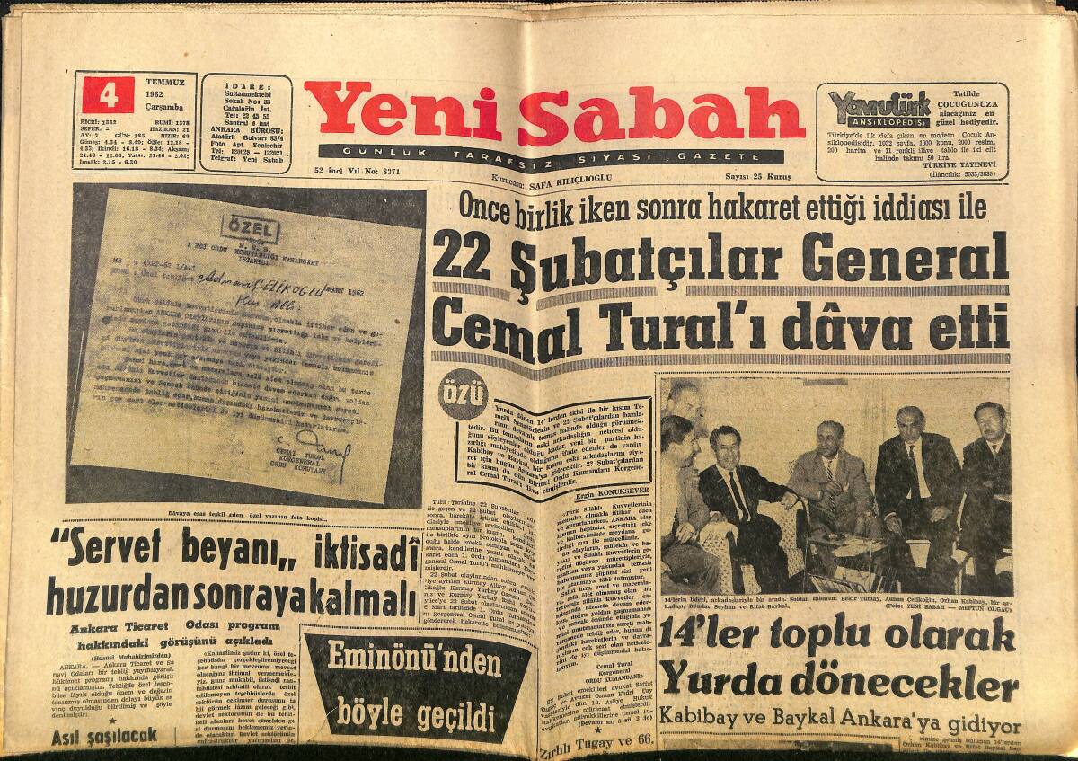 Yeni Sabah Gazetesi 4 Temmuz 1962 - Mardin'de Barzani'nin Bir Casusu Yakalandı - Elizabeth Taylor GZ148269 - 1