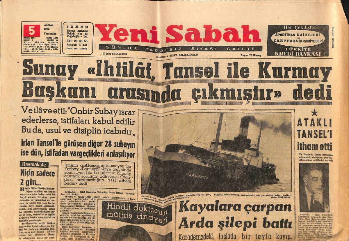 Yeni Sabah Gazetesi 5 Aralık 1962 - Mediha Bölükbaşı Boşanma Davası Açtı - Ataklı Tansel'i İtham Etti GZ148692 - 1