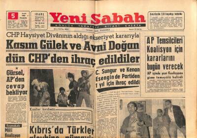 Yeni Sabah Gazetesi 5 Aralık 1963 - Papa Paul Filistine Gidecek - Kasım Gülek Ve Avni Doğan Dün CHPden İhraç Edildiler GZ123877 - 1