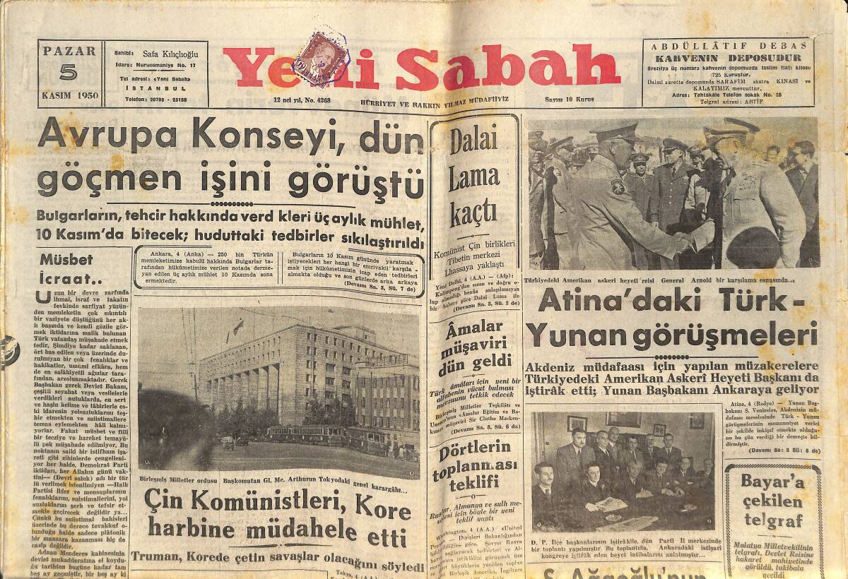 Yeni Sabah Gazetesi 5 Kasım 1950 - Çin Komünistleri, Kore Harbine Müdahele Etti - Kore Harp Cephesinden Resimler GZ146768 - 1