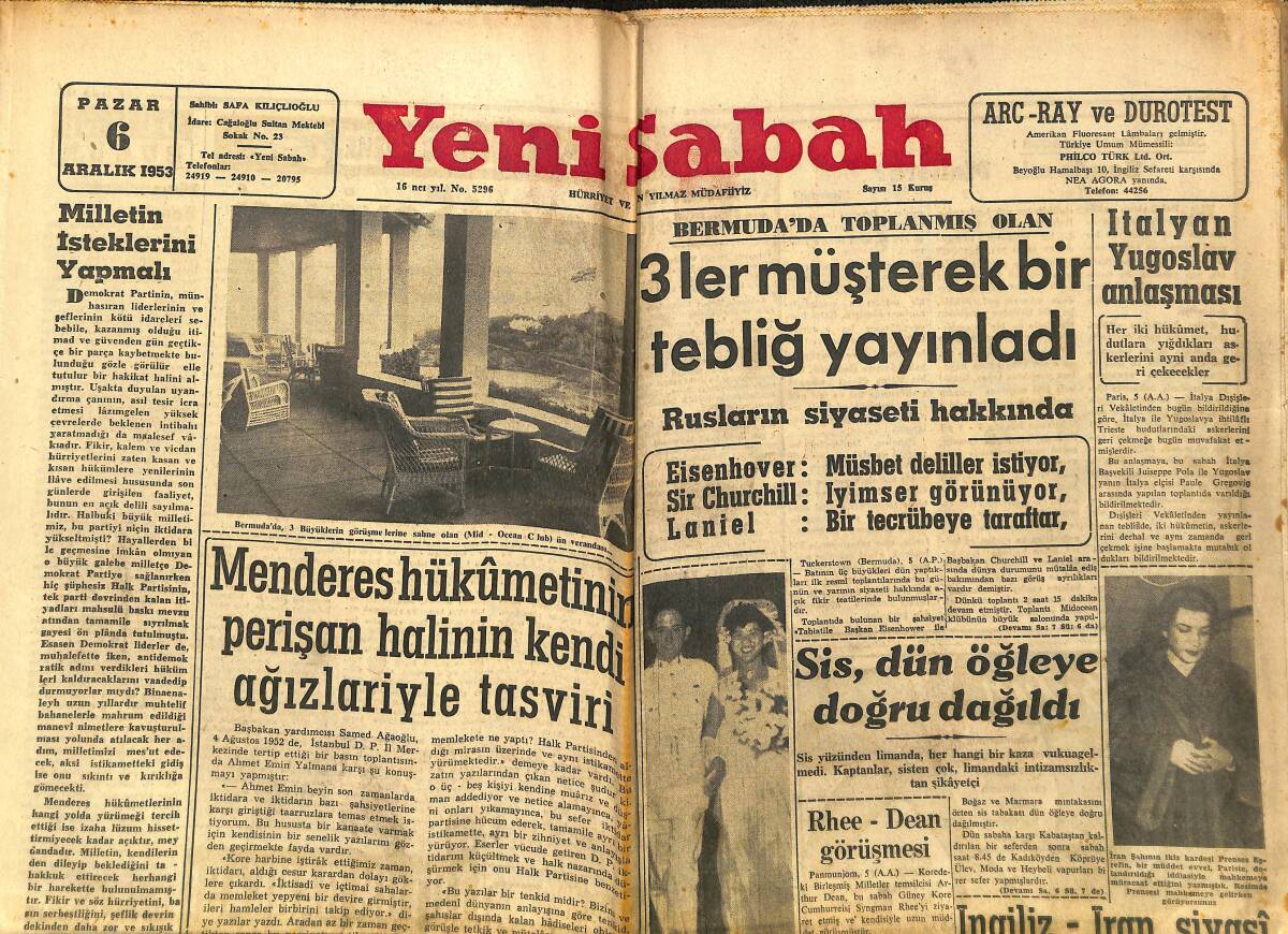 Yeni Sabah Gazetesi 6 Aralık 1953 - Menderes Hükümetinin Perişan Halinin Kendi Ağızlariyle Tasviri GZ148342 - 1