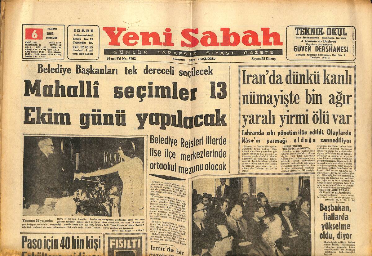 Yeni Sabah Gazetesi 6 Haziran 1963 - Jayne Mansfield'in Çıplak Resimleri Müstehcen Sayıldı - Sivas'ta Sel 134 Evi Yıktı GZ148510 - 1