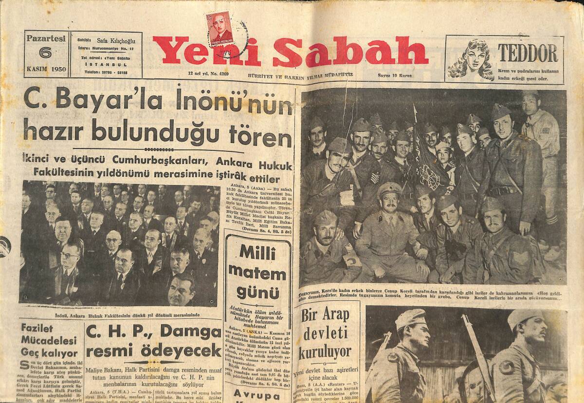 Yeni Sabah Gazetesi 6 Kasım 1950 - Bir Arap Devleti Kuruluyor - Celal Bayar'la İnönü'nün Hazır Bulunduğu Tören GZ146769 - 1