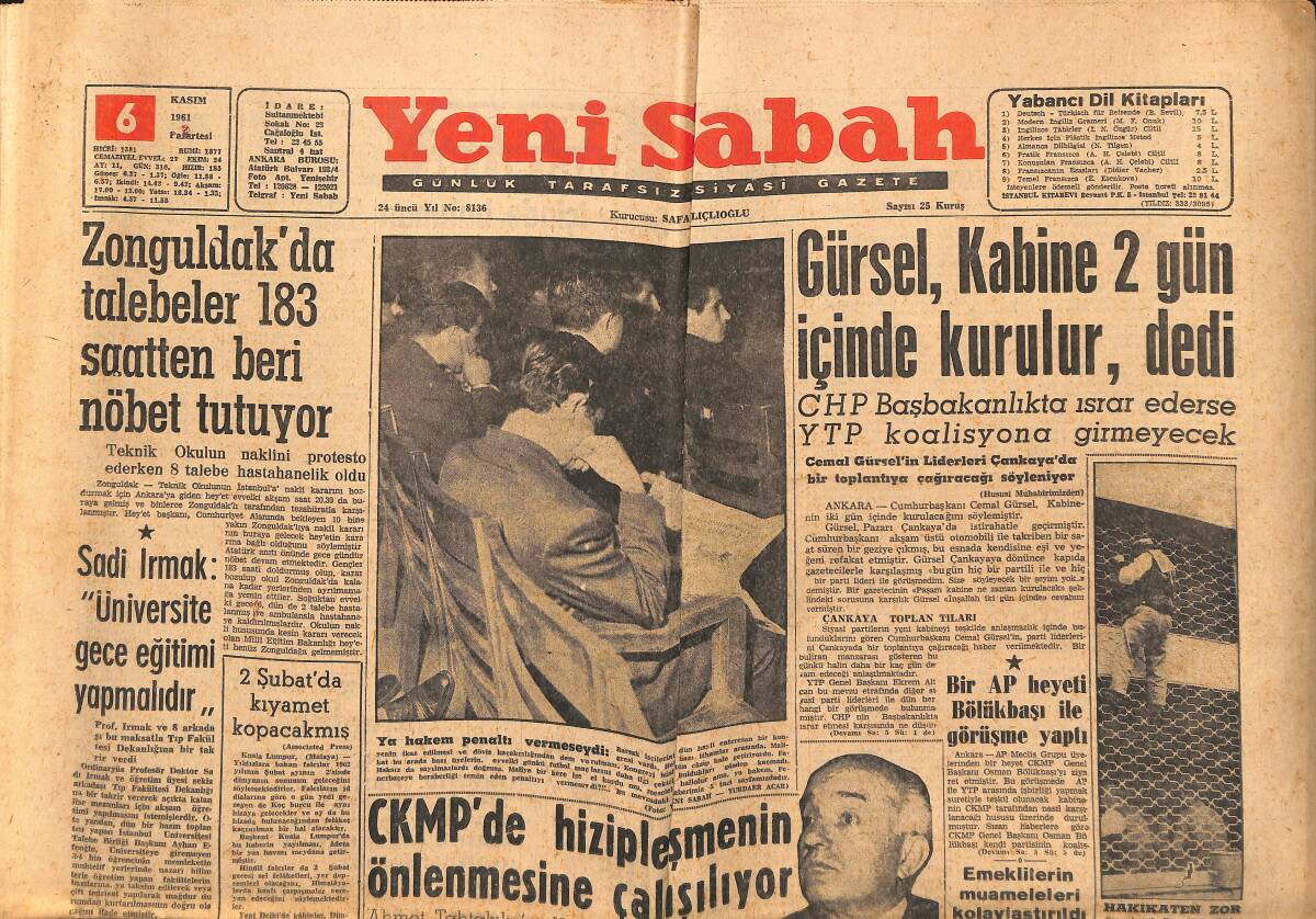 Yeni Sabah Gazetesi 6 Kasım 1961 - Mısır'da Nasır Parlamentoyu Ve Milli Birlik Partisini Feshetti GZ148391 - 1