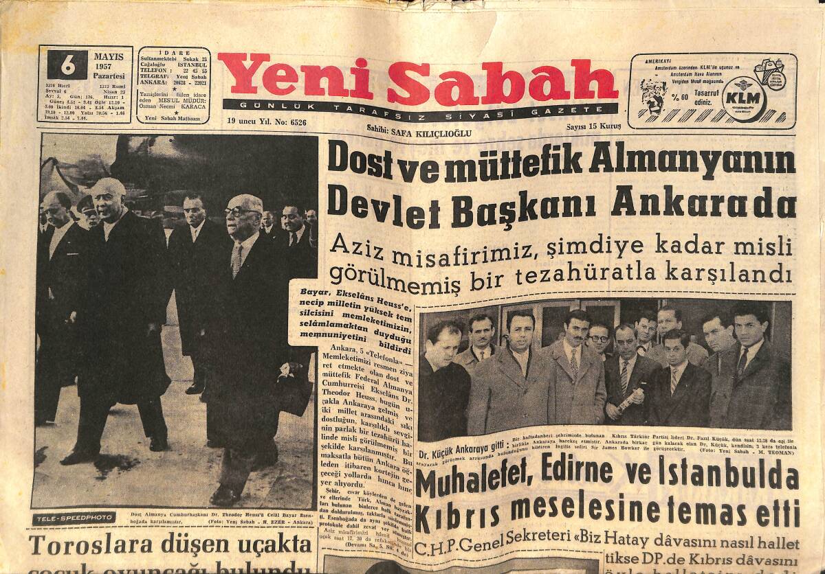 Yeni Sabah Gazetesi 6 Mayıs 1957 - Dost Ve Müttefik Almanya'nın Devlet Başkanı Ankara'da - Amerikalı Nash'ın Uçaktan Nasıl Düştüğü Hala Belli Değil! GZ146461 - 1