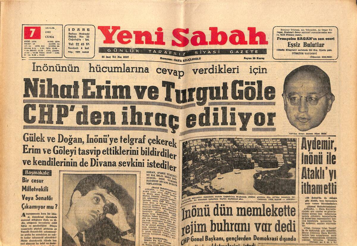 Yeni Sabah Gazetesi 7 Aralık 1962 - Akdeniz Vapuru Tehlike İçinde - Nihat Erim Ve Turgut Göle CHP'den İhraç Ediliyor GZ148697 - 1