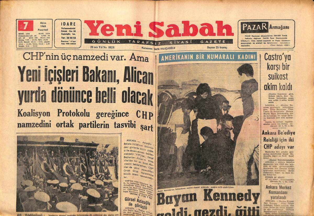 Yeni Sabah Gazetesi 7 Ekim 1963 - Bayan Kennedy Geldi, Gezdi, Gitti - Castro'ya Karşı Bir Suikast Akim Kaldı GZ148647 - 1