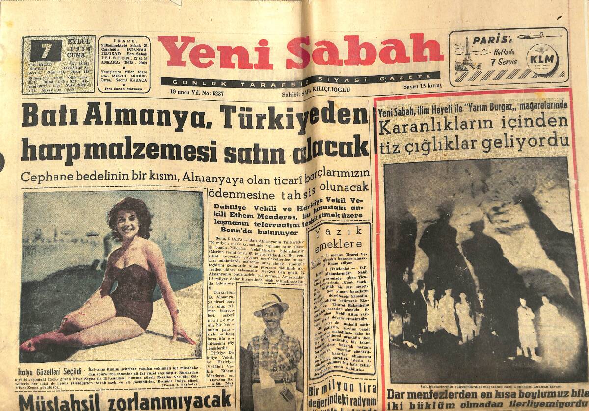 Yeni Sabah Gazetesi 7 Eylül 1956 - Batı Almanya, Türkiyeden Harp Malzemesi  Satın Alacak - Anna Magnaninin Oynadığı Film Çok Alkışlandı GZ141842