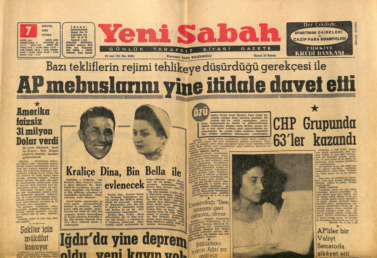 Yeni Sabah Gazetesi 7 Eylül 1962 - Kraliçe Dina, Bin Bella İle Evlenecek - Can'lı Venezia Yine Galip GZ148268 - 1