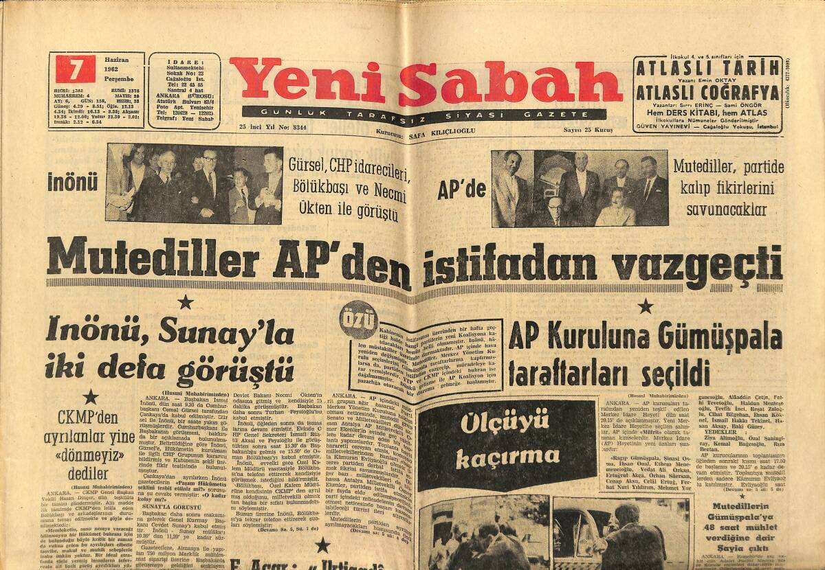 Yeni Sabah Gazetesi 7 Haziran 1962 - Suriye Yine Nasır'la Anlaşılıyor - Süreyya Bir Plak Şirketini Dava Etti GZ148275 - 1