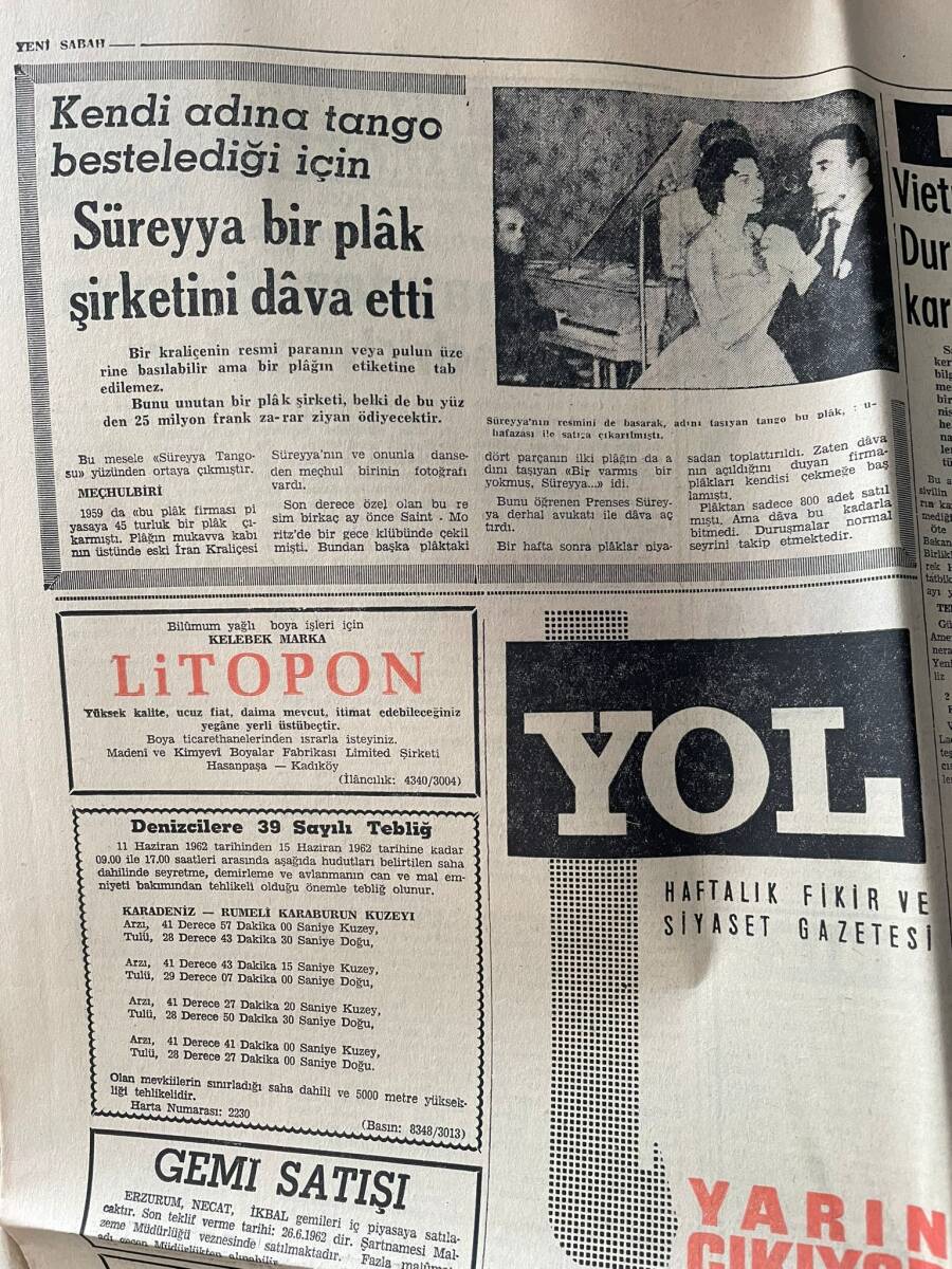 Yeni Sabah Gazetesi 7 Haziran 1962 - Suriye Yine Nasır'la Anlaşılıyor - Süreyya Bir Plak Şirketini Dava Etti GZ148275 - 2