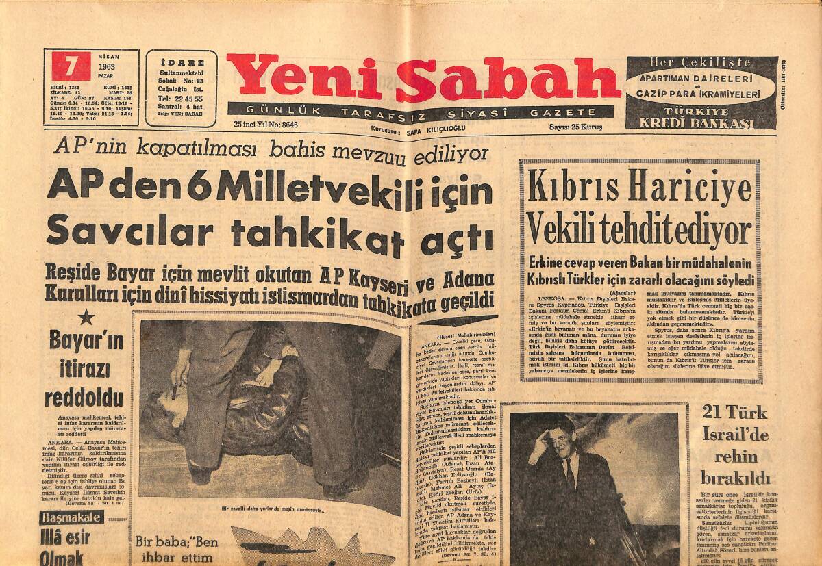 Yeni Sabah Gazetesi 7 Nisan 1963 - Bayar'ın İtirazı Reddoldu - Topgüle , Leblebi Yağmuruna Tutuldu GZ148682 - 1