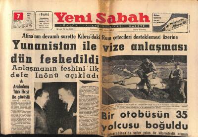Yeni Sabah Gazetesi 7 Nisan 1964 - Yunanistan İle Vize Anlaşması Dün Feshedildi - Suriye 10 Bine Yakın Hacı Namzedine Giriş İzni Vermiyor GZ124044 - 1