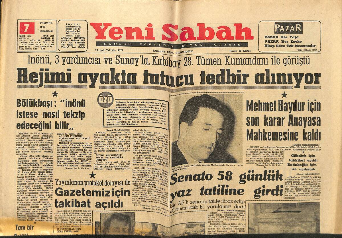 Yeni Sabah Gazetesi 7 Temmuz 1962 - Galatasaray'ın Rakibi: Bükreş Dinamo - Rejimi Ayakta Tutucu Tedbir Alınıyor GZ148474 - 1