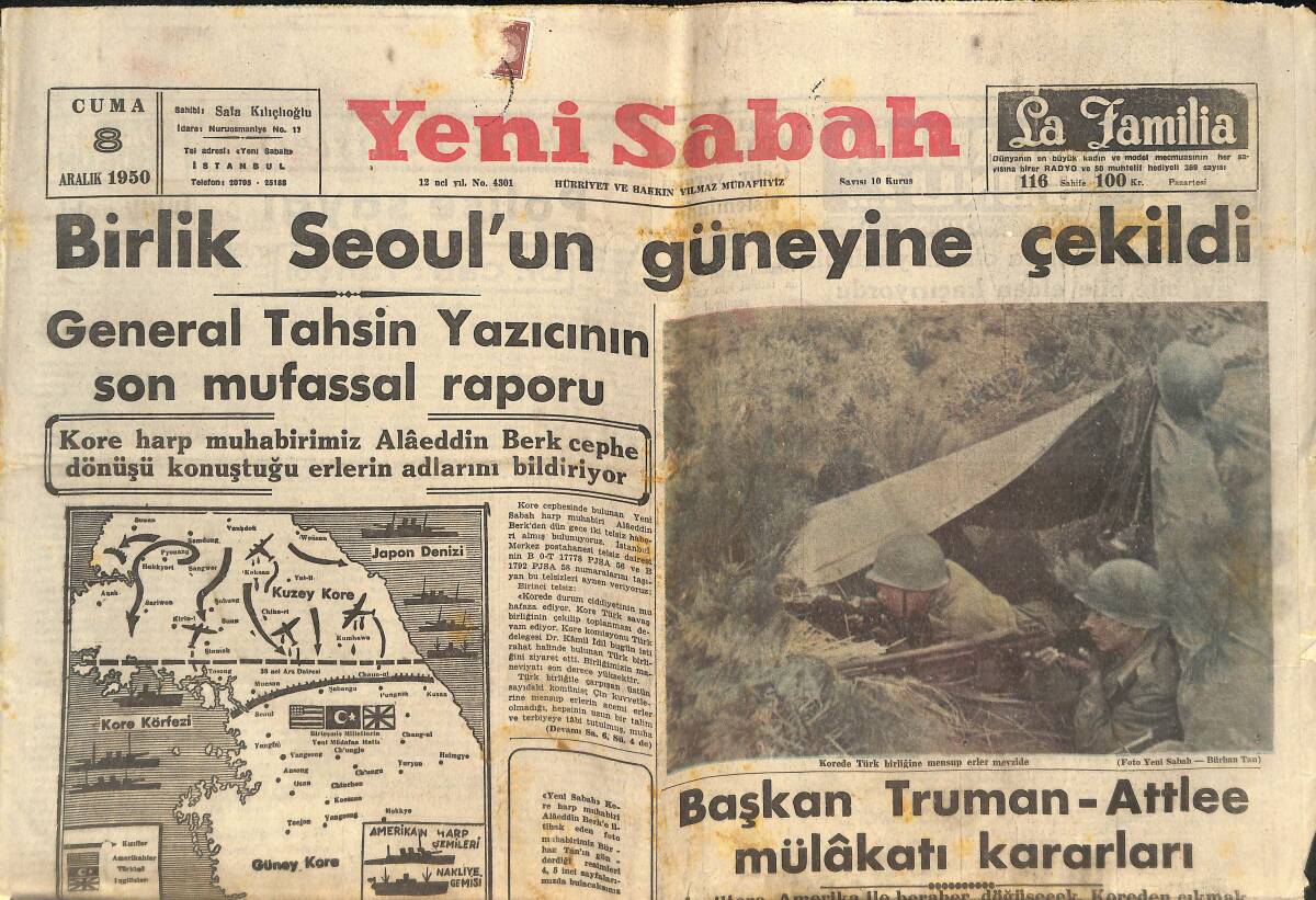 Yeni Sabah Gazetesi 8 Aralık 1950 - Birlik Seul'un Güneyine Çekildi - General Tahsin Yazıcı'nın Son Mufassal Raporu - Kore Harbı Resimleri GZ146759 - 1