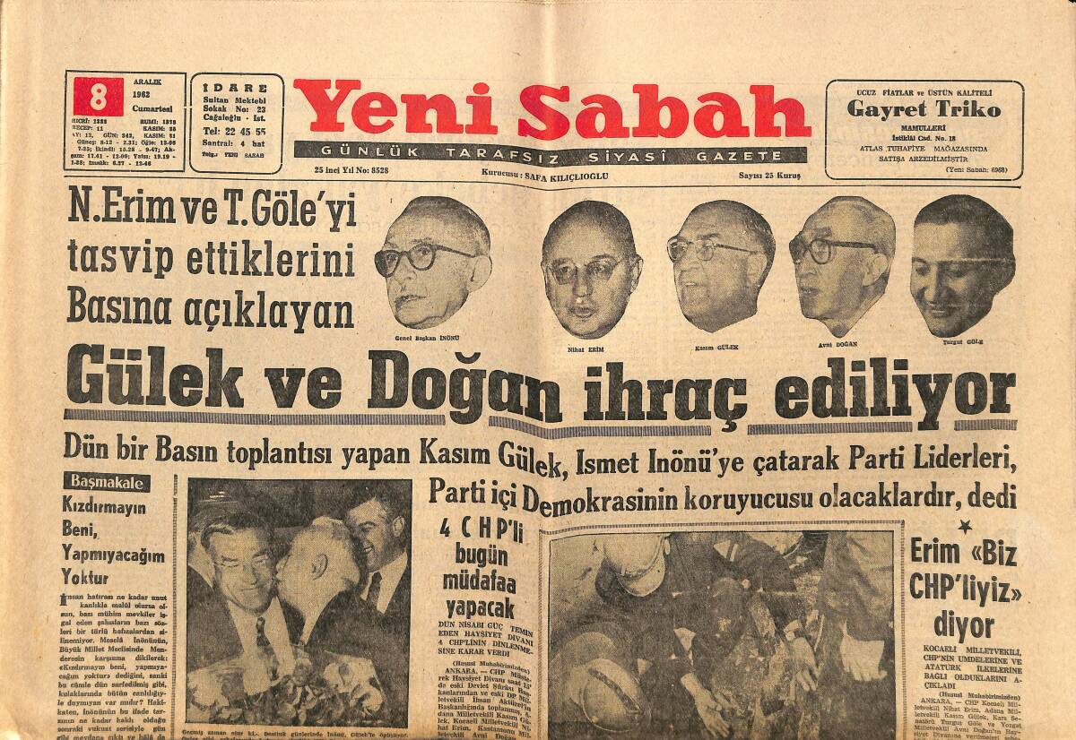 Yeni Sabah Gazetesi 8 Aralık 1962 - Gülek Ve Doğan İhraç Ediliyor - Gülek , Partilerin Teftişini İstiyor GZ148694 - 1