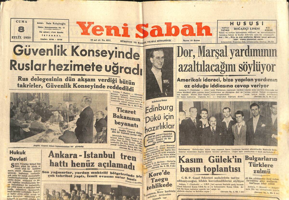 Yeni Sabah Gazetesi 8 Eylül 1950 - Kasım Gülek'in Basın Toplantısı - Ankara-İstanbul Tren Hattı Henüz Açılmadı GZ142404 - 1
