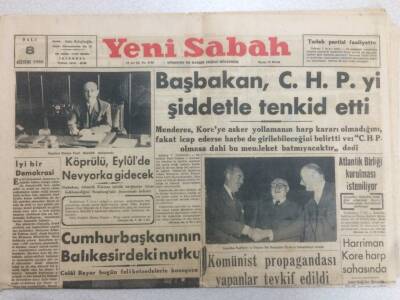 Yeni Sabah Gazetesi 8 Haziran 1950 - Adnan Menderes Koreye Asker Yollama Harp Değildir GZ52199 - 1