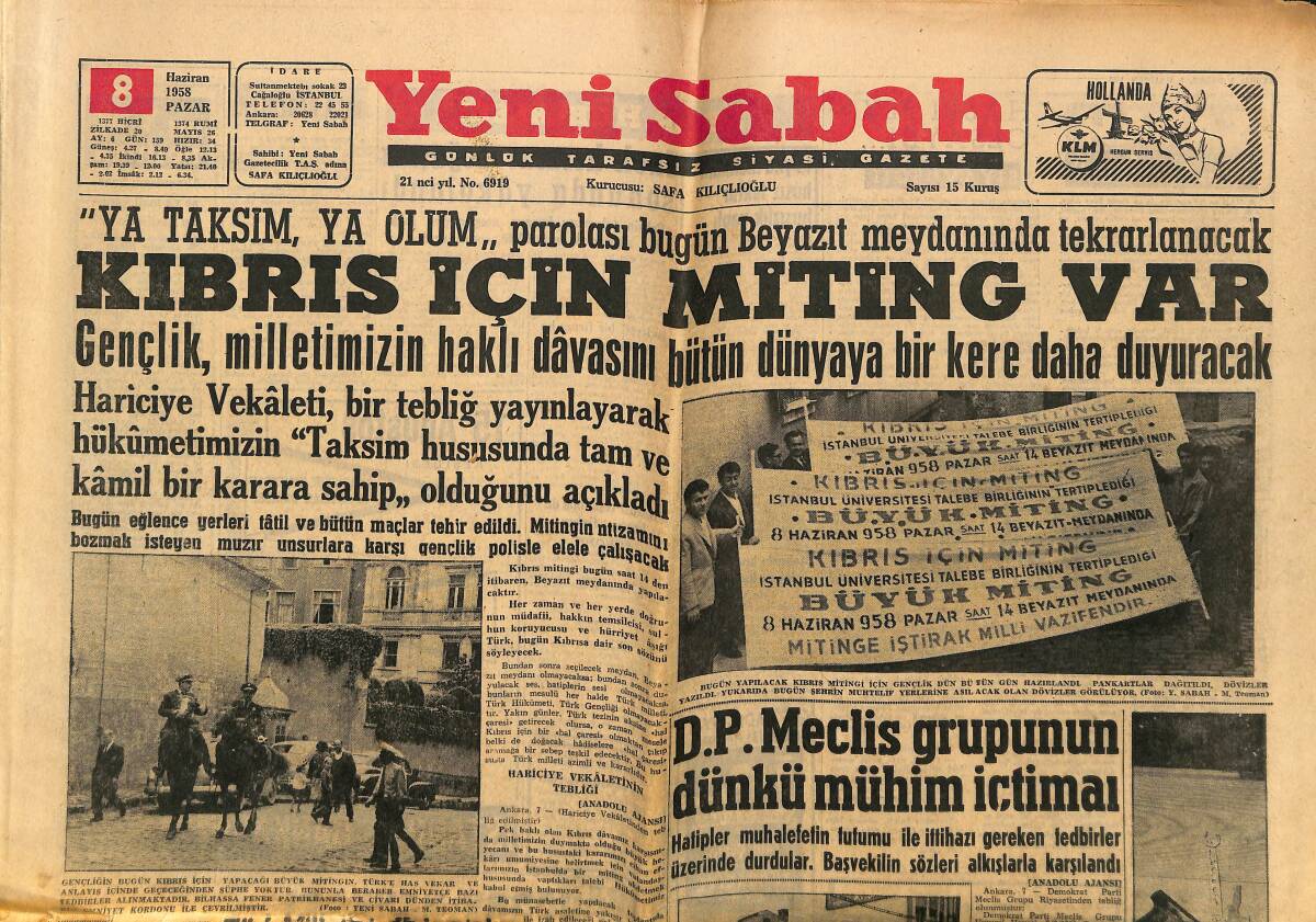 Yeni Sabah Gazetesi 8 Haziran 1958 - Kıbrıs İçin Miting Var - De Gaulle Kabinesine Bir Müslüman Giriyor GZ148332 - 1