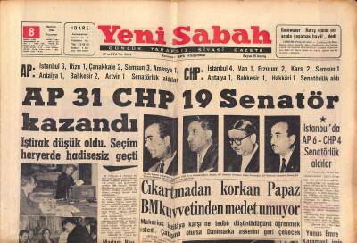 Yeni Sabah Gazetesi 8 Haziran 1964 - Christine Keeler Serbest Olacak - Elizabeth Araba Kazası Geçirdi - AP 31 CHP 19 Senatör Kazandı GZ124047 - 1
