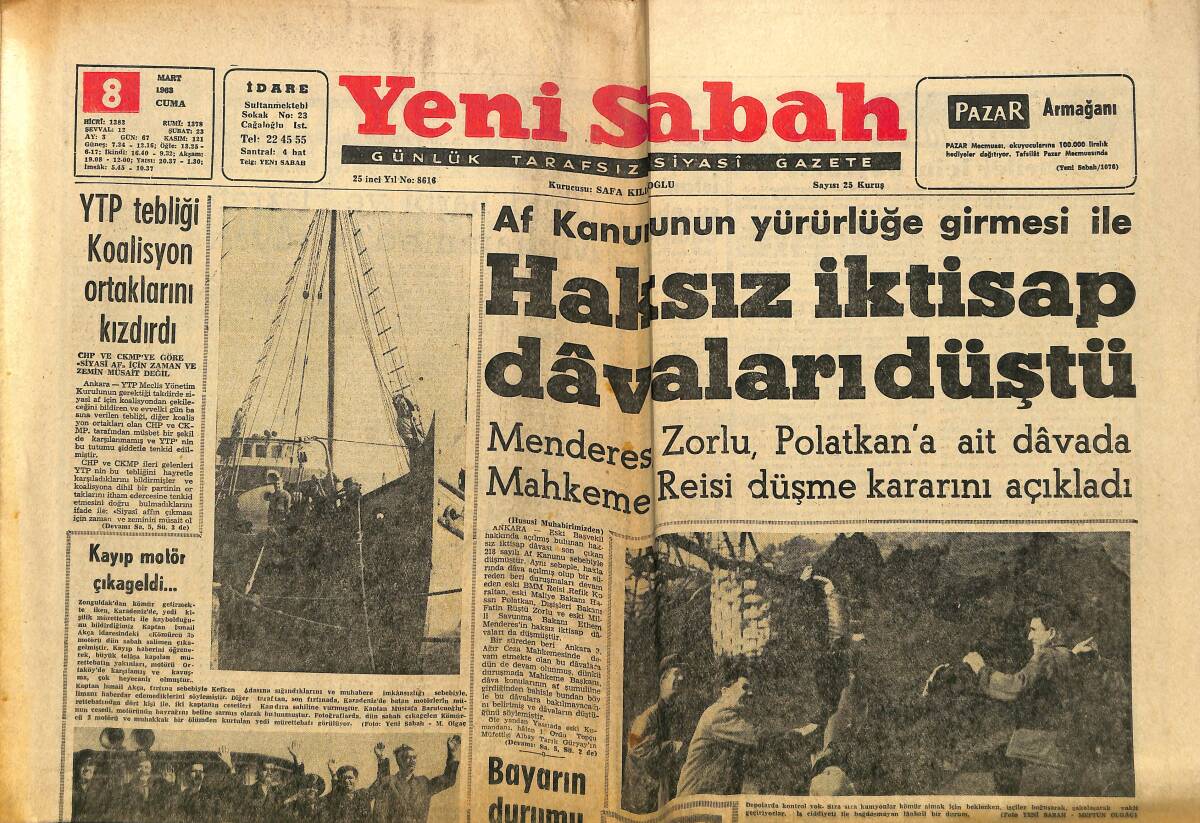 Yeni Sabah Gazetesi 8 Mart 1963 - Gümüşpala , Kelleyi Koltuğa Aldık Diyor - YTP Tebliği Koalisyon Ortaklarını Kızdırdı GZ148349 - 1