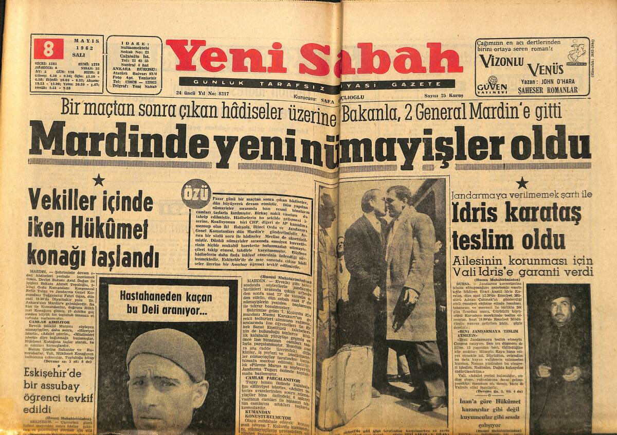 Yeni Sabah Gazetesi 8 Mayıs 1962 - Mardin'de Yeni Nümayişler Oldu - İdris Karataş Teslim Oldu GZ148348 - 1