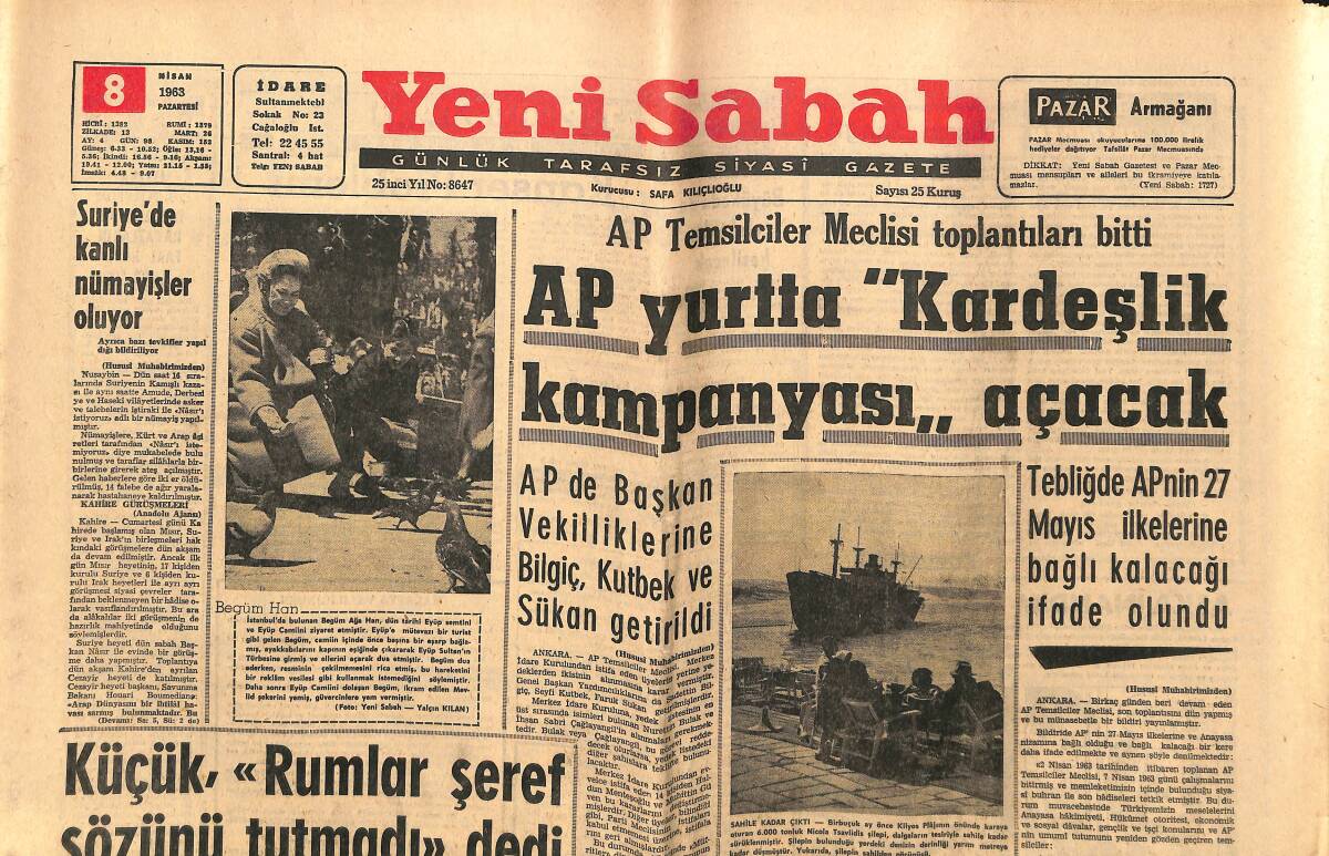Yeni Sabah Gazetesi 8 Nisan 1963 - Elazığ Radyosu Kapatıldı - Suriye'de Kanlı Nümayişler Oluyor GZ148699 - 1
