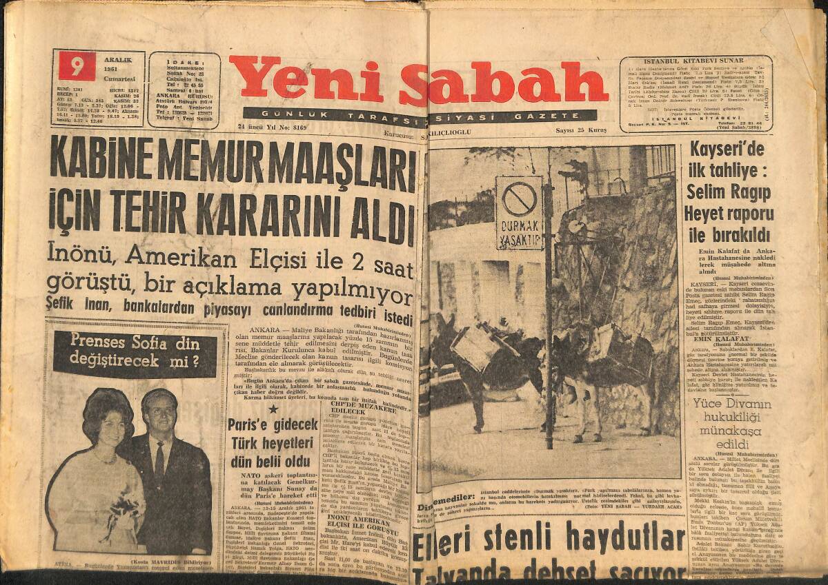 Yeni Sabah Gazetesi 9 Aralık 1961 - Prenses Sofia Din Değiştirecek Mi ? - Alp Reel'den Ümit Yok GZ148363 - 1