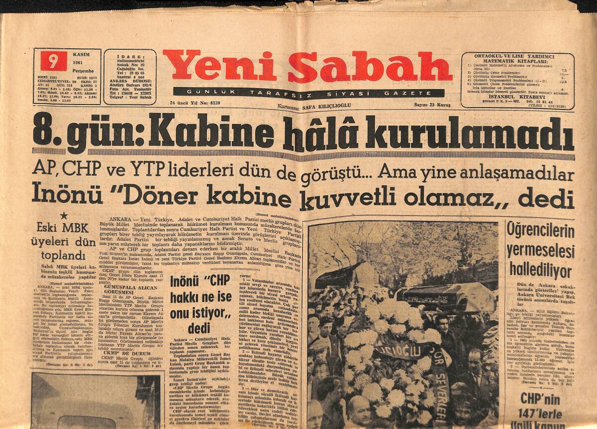 Yeni Sabah Gazetesi 9 Kasım 1961 - Hollywood Yangınında Zarar 150 Milyon Lira - Eski MBK Üyeleri Dün Toplandı GZ148390 - 1