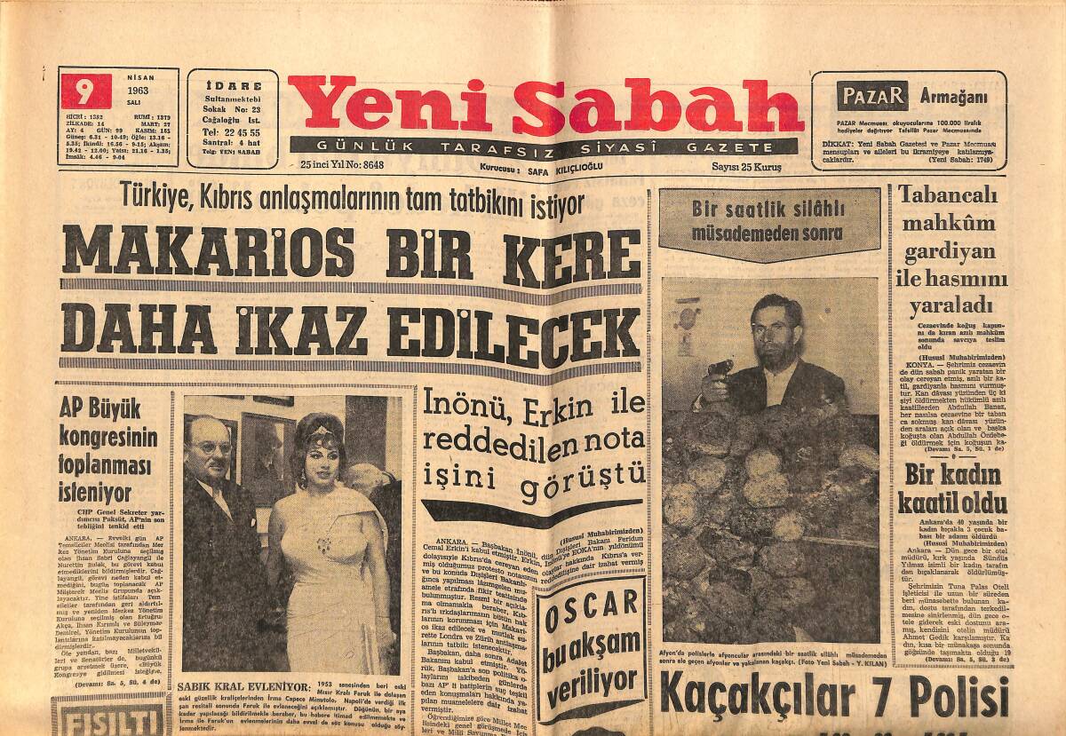 Yeni Sabah Gazetesi 9 Nisan 1963 - Makarios Bir Kere Daha İkaz Edilecek - Silifke'de Büyük Bir Yangın Çıktı GZ148698 - 1