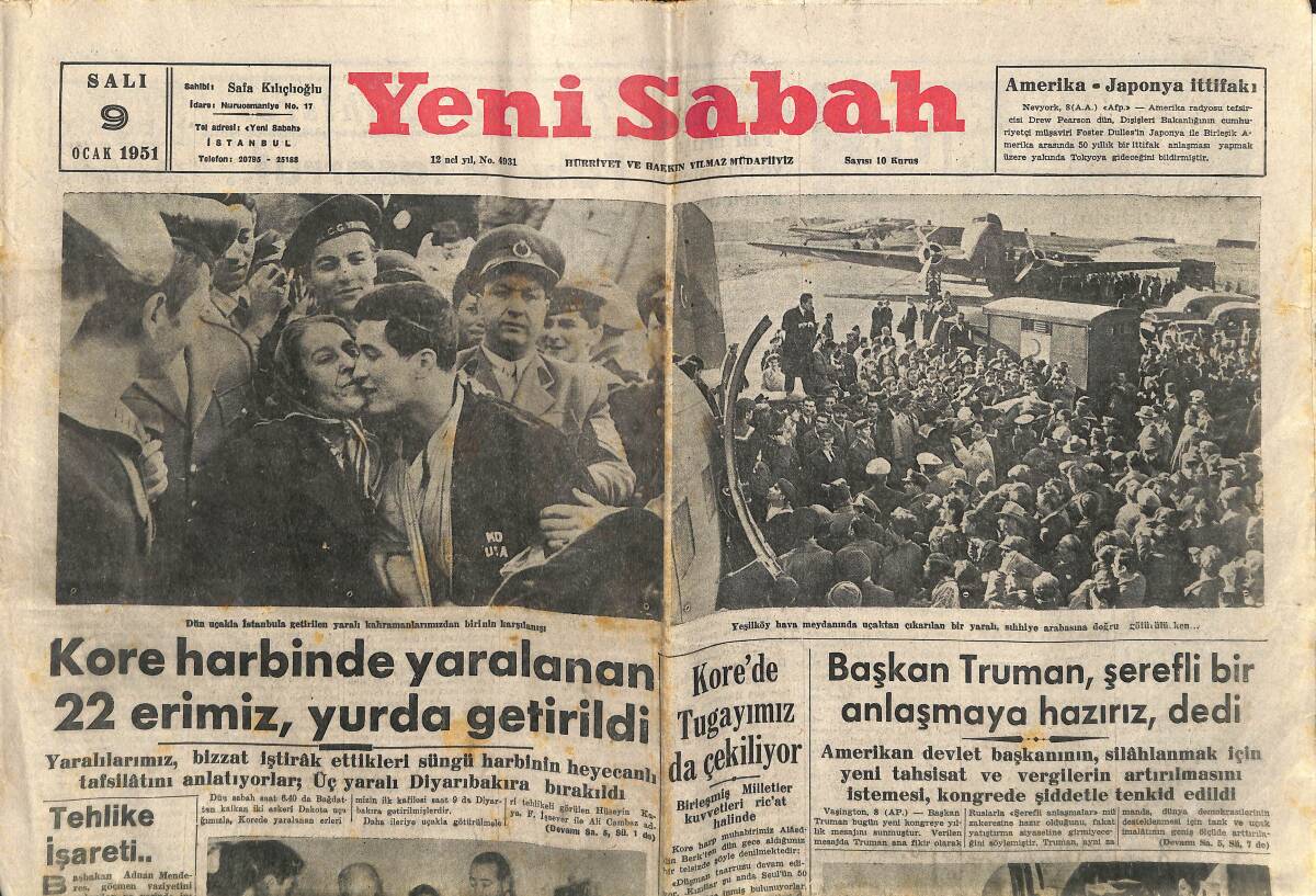 Yeni Sabah Gazetesi 9 Ocak 1951 - Kore Harbinde Yaralanan 22 Erimiz Yurda Getirildi - Kore'de Tugayımız Da Çekiliyor GZ141250 - 1