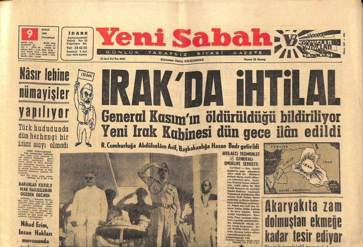 Yeni Sabah Gazetesi 9 Şubat 1963 - Irak'da İhtilâl - İnönü , Af Konusunda Konuştu GZ148368 - 1