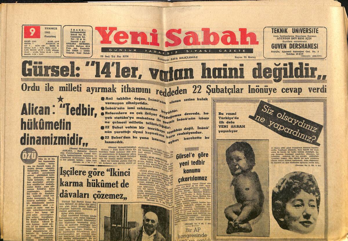 Yeni Sabah Gazetesi 9 Temmuz 1962 - Fenerbahçe'de Karar Günü - Gürsel: 14'ler Vatan Haini Değildir GZ148256 - 1