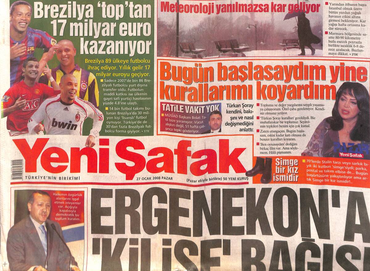 Yeni Şafak Gazetesi 17 Ocak 2008 - Türkan Şoray, Kendini, Bakışını Ve Nasıl Değişmediğini Anlattı - Ergenekon Operasyonunda Sorgular 48 Saat Sürdü GZ154480 - 1