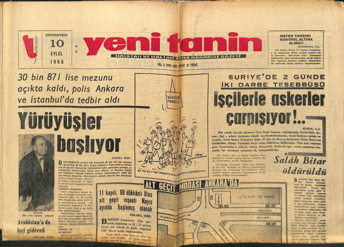 Yeni Tanin Gazetesi 10 Eylül 1966 - Salah Bitar Öldürüldü - Soysal'a Yapılan Saldırı Büyük Tepki Yarattı GZ150004 - 1