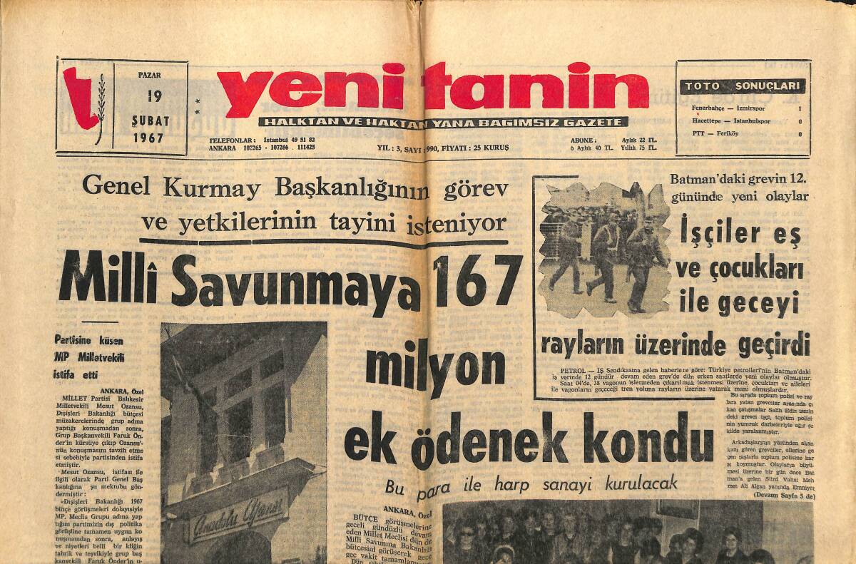 Yeni Tanin Gazetesi 19 Şubat 1967 - Milli Savunmaya 167 Milyon Ek Ödenek Kondu - Raquel Welch'in Film Başına Aldığı Ücret: 250 Bin Dolar GZ150005 - 1