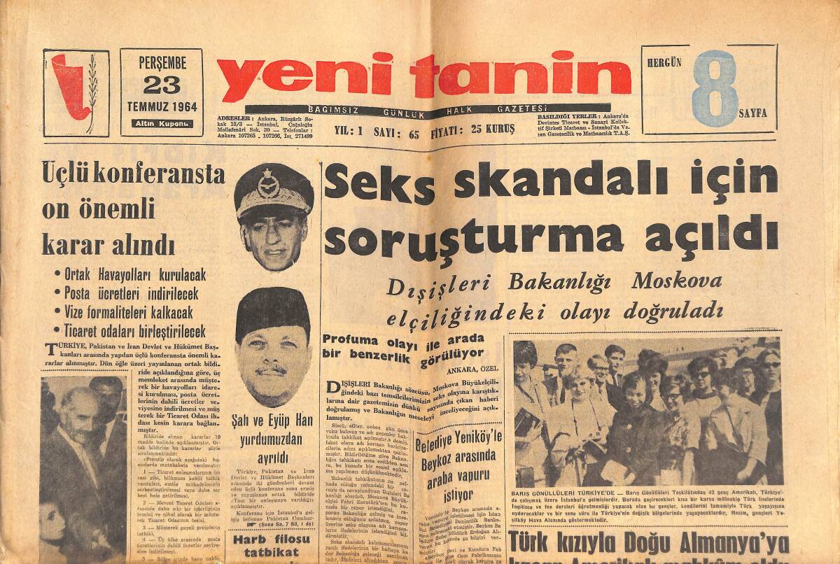 Yeni Tanin Gazetesi 23 Temmuz 1964 - Kıbrıs'lı Rumlar Tecavüze Hazırlanıyor - Şah Ve Eyüp Han Yurdumuzdan Ayrıldı GZ144049 - 1
