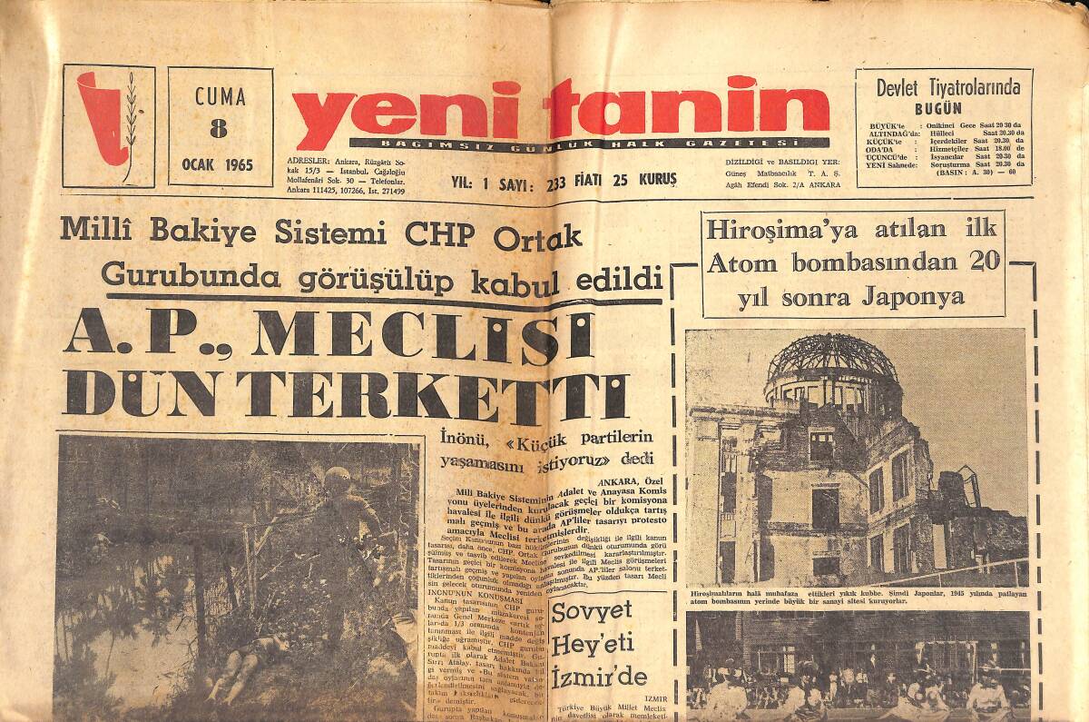 Yeni Tanin Gazetesi 8 Ocak 1965 - Magosa'nın Rum Kesiminde Patlamalar Oldu - A.P. Meclisi Dün Terketti GZ144155 - 1