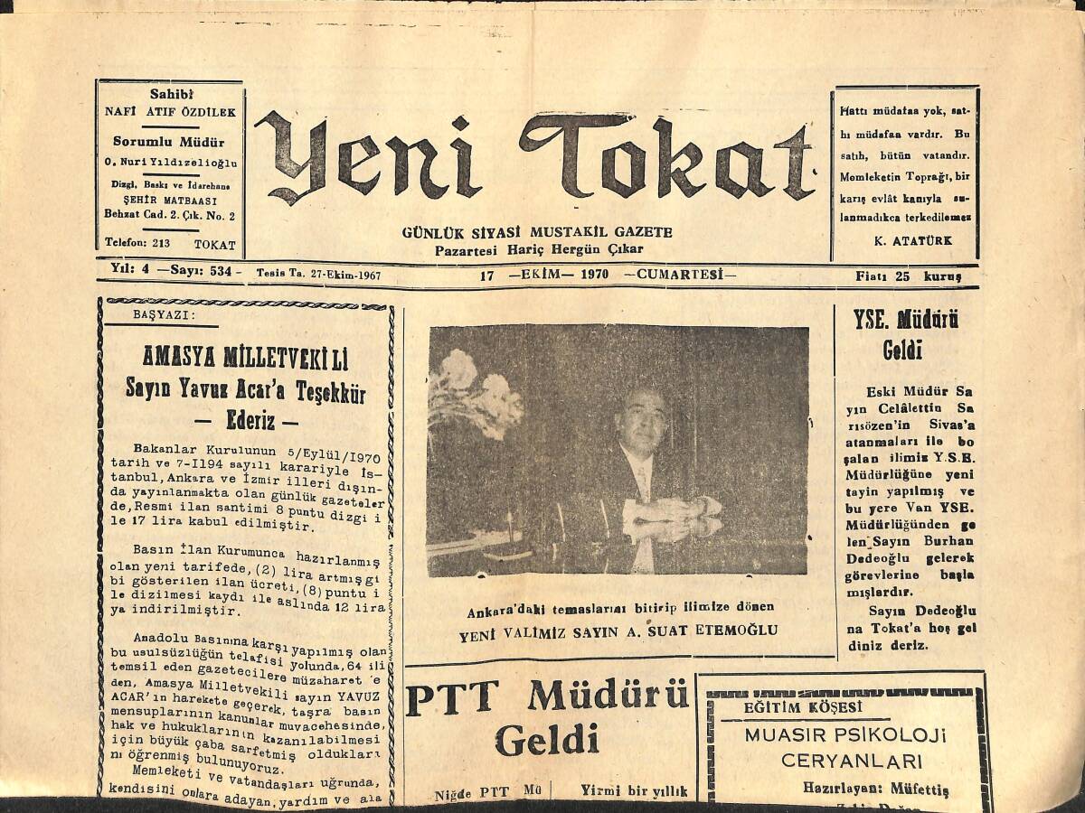 Yeni Tokat Gazetesi 17 Ekim 1970 - PTT Müdürü Geldi - Tabanca Yakalandı GZ152779 - 1