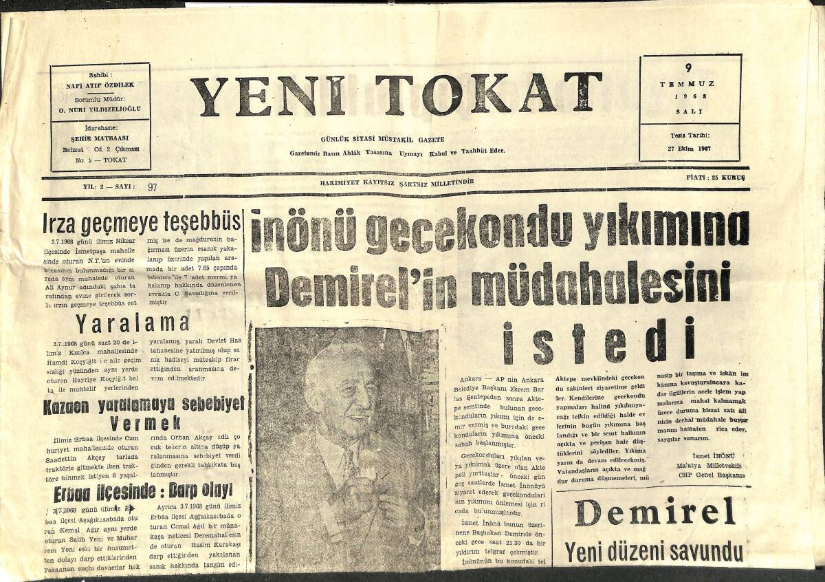 Yeni Tokat Gazetesi 9 Temmuz 1968 - İnönü Gecekondu Yıkımına Demirel'in Müdahalesini İstedi - Liston, Clark'ı Nakavt Etti GZ153144 - 1