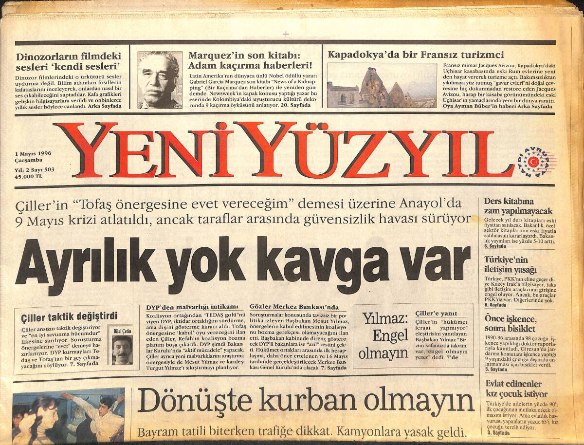 Yeni Yüzyıl Gazetesi 1 Mayıs 1996 - Sait Faik'in Maskı Nerede - Alevilerin Kimliğini Semahta Yazılıdır GZ147829 - 1