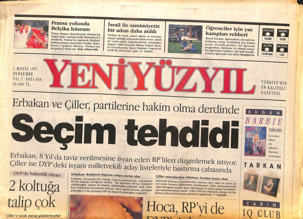 Yeni Yüzyıl Gazetesi 1 Mayıs 1997 - Carla Bruni Versace İçin Geliyor - Seçim Tehdidi GZ147674 - 1